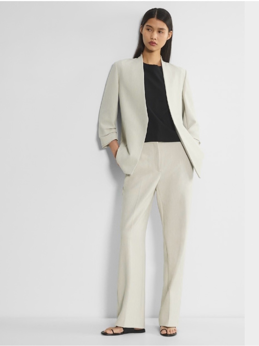 Aritzia Babaton Power Blazer Beige Cream Ruched 3/4 Sleeve Open Jacket Size 14